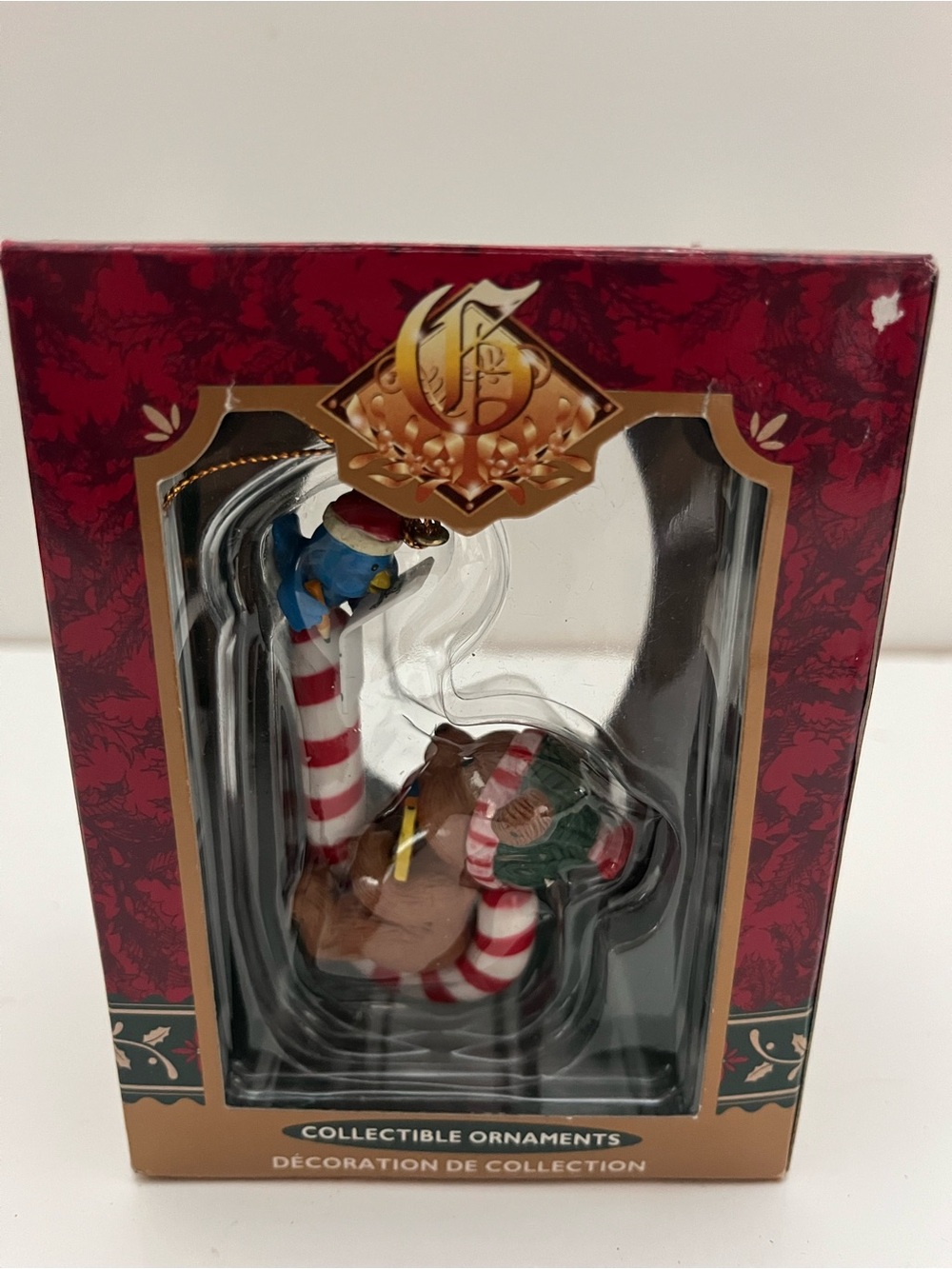 Vintage Trevco Collectible Christmas Ornament Bear & Bluebird on Candy Cane